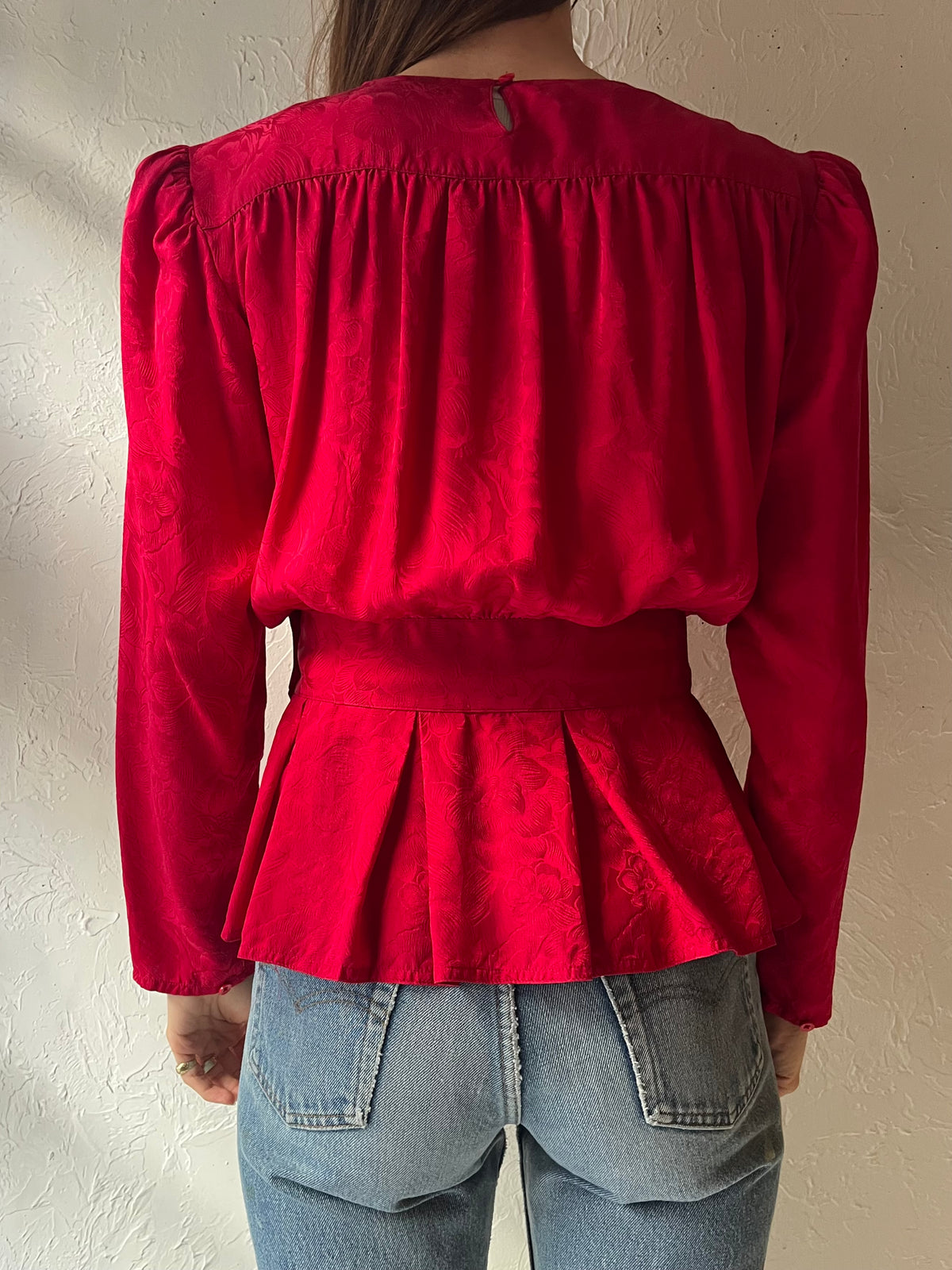 90s 'Argenti' Red Silk Peplum Blouse / Small