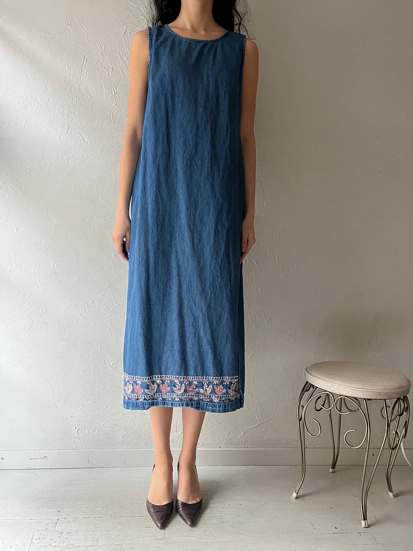 90s 'Donna Ricco' Denim Embroidered Dress / Medium