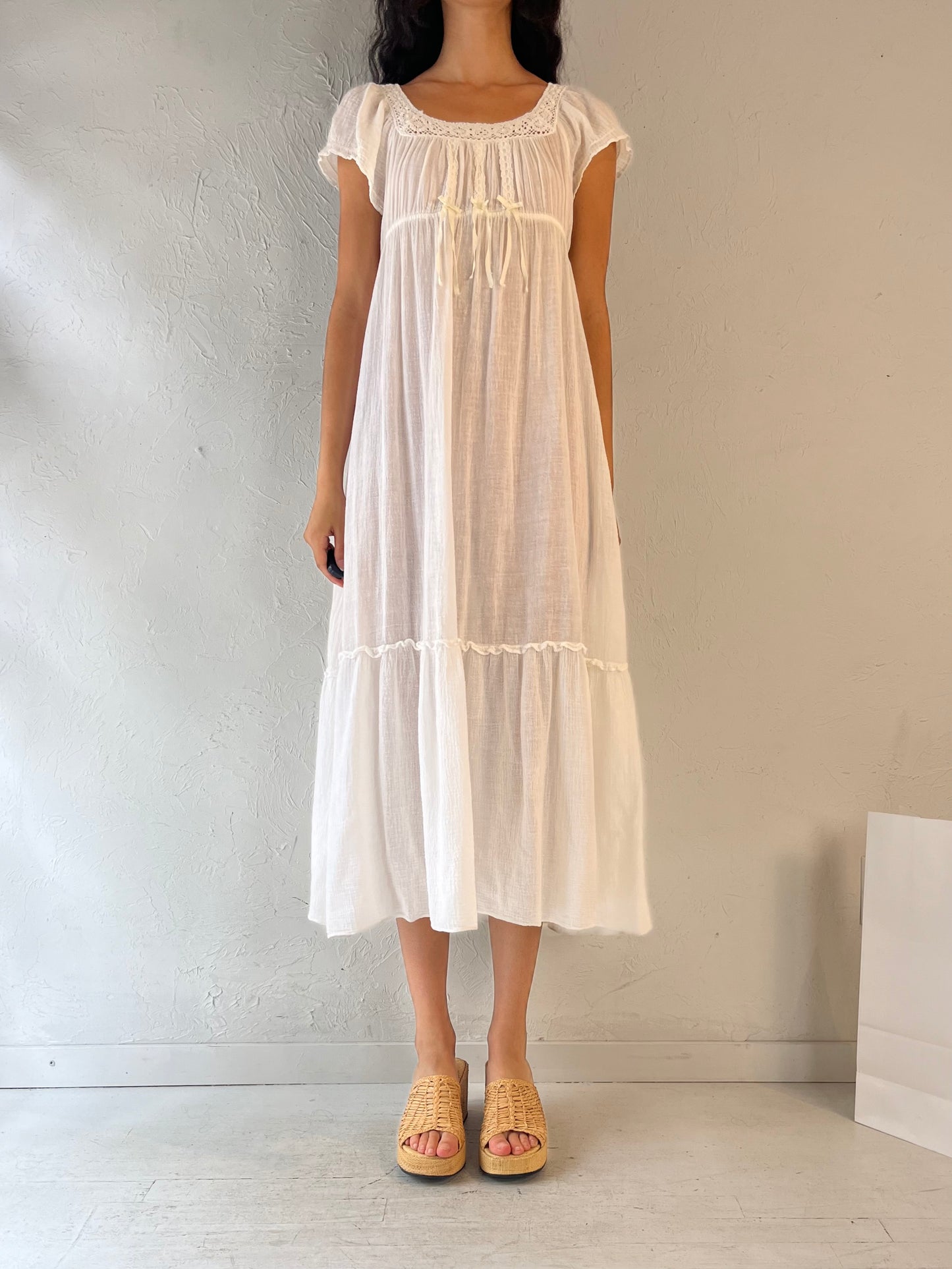 70s 'Juli' White Cotton Gauze Dress / Union Made / Small