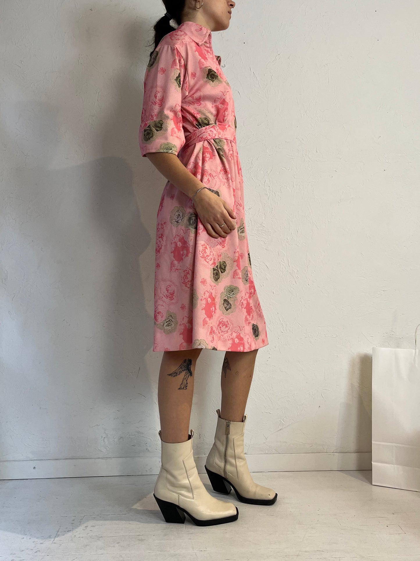 70s 'Nu Mode' Pink Floral Midi Dress / Medium