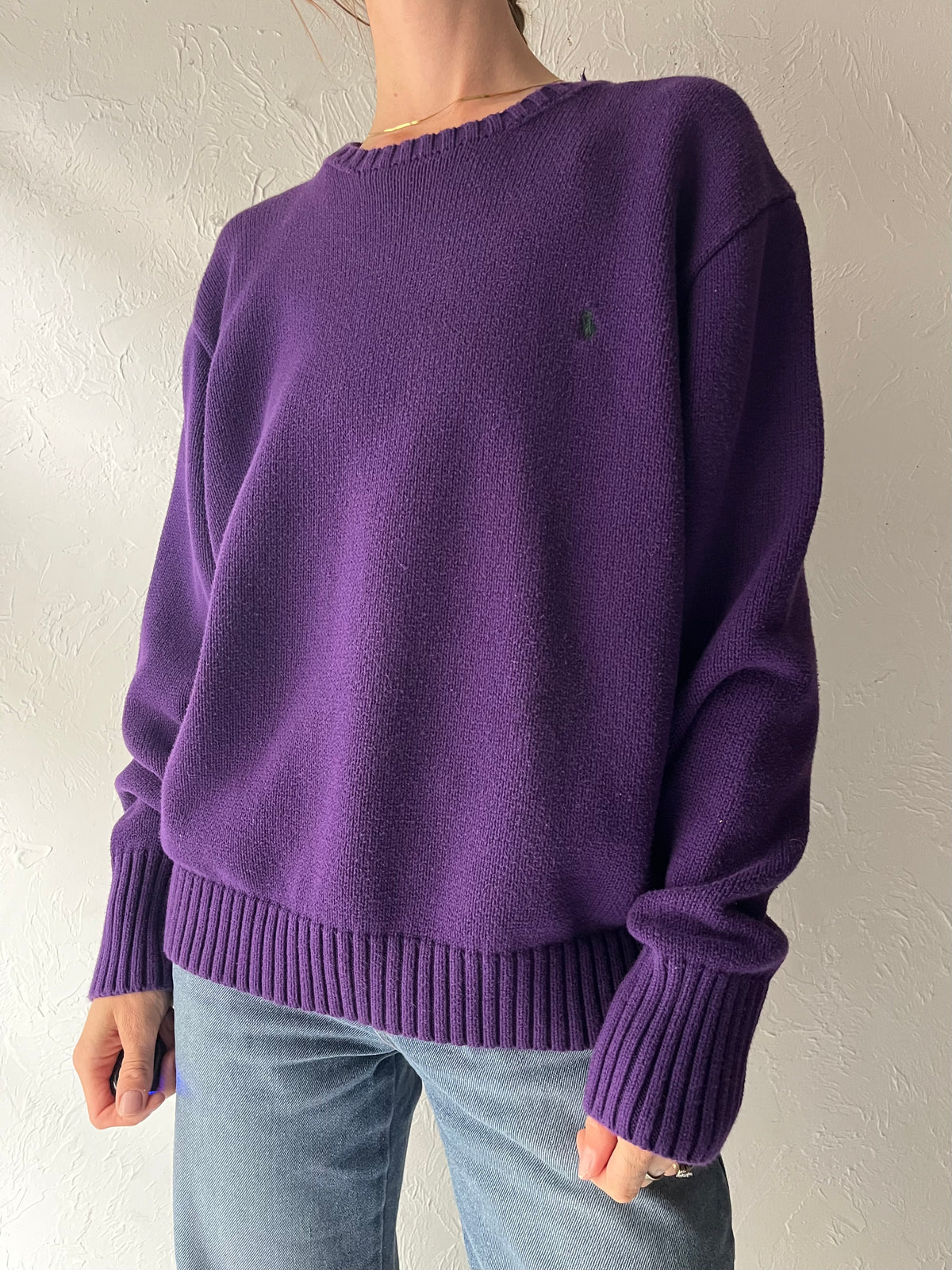 90s 'Ralph Lauren' Purple Cotton Sweater / Large