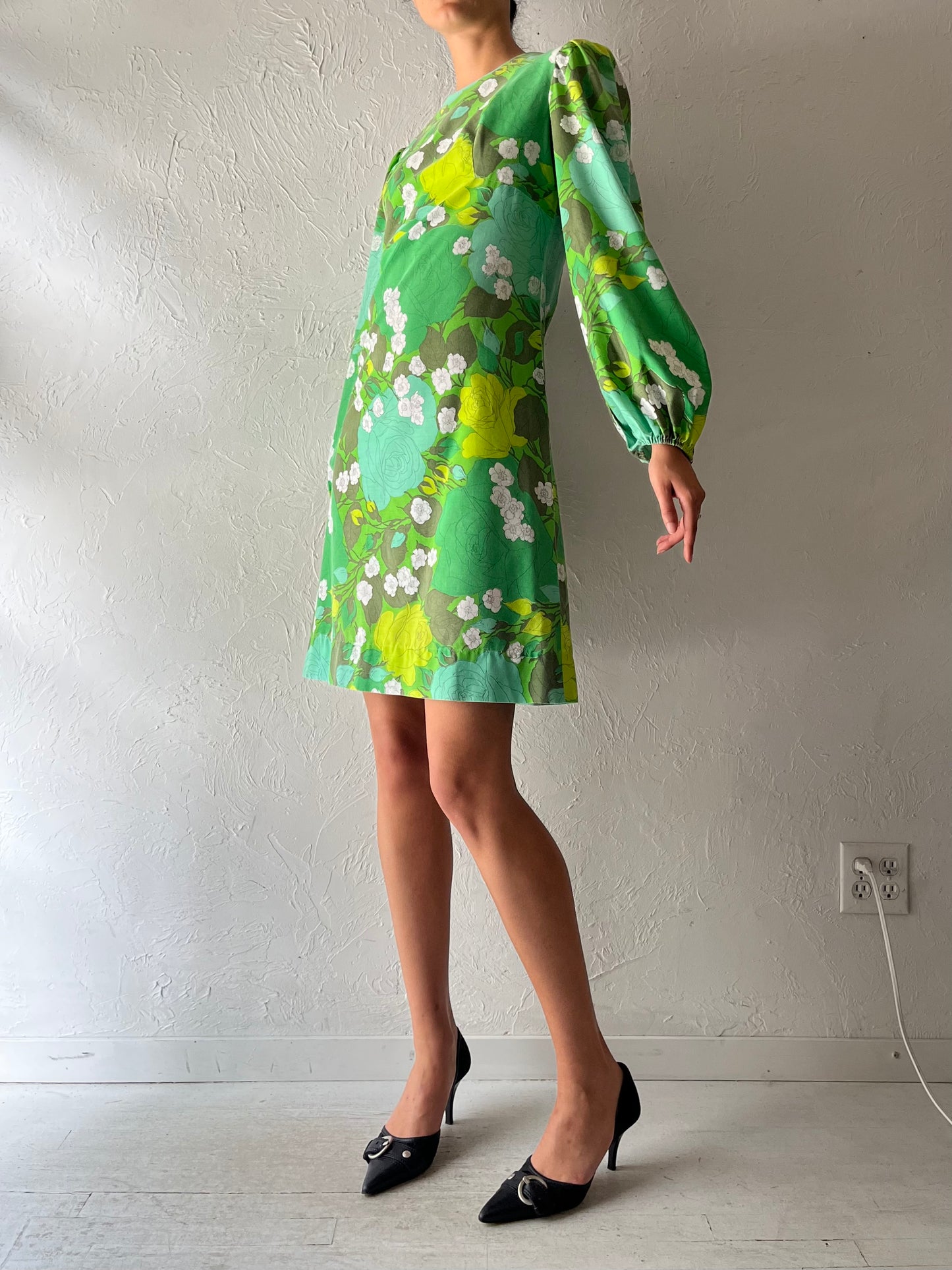 70s Green Floral Long Sleeve Mini Dress / Small