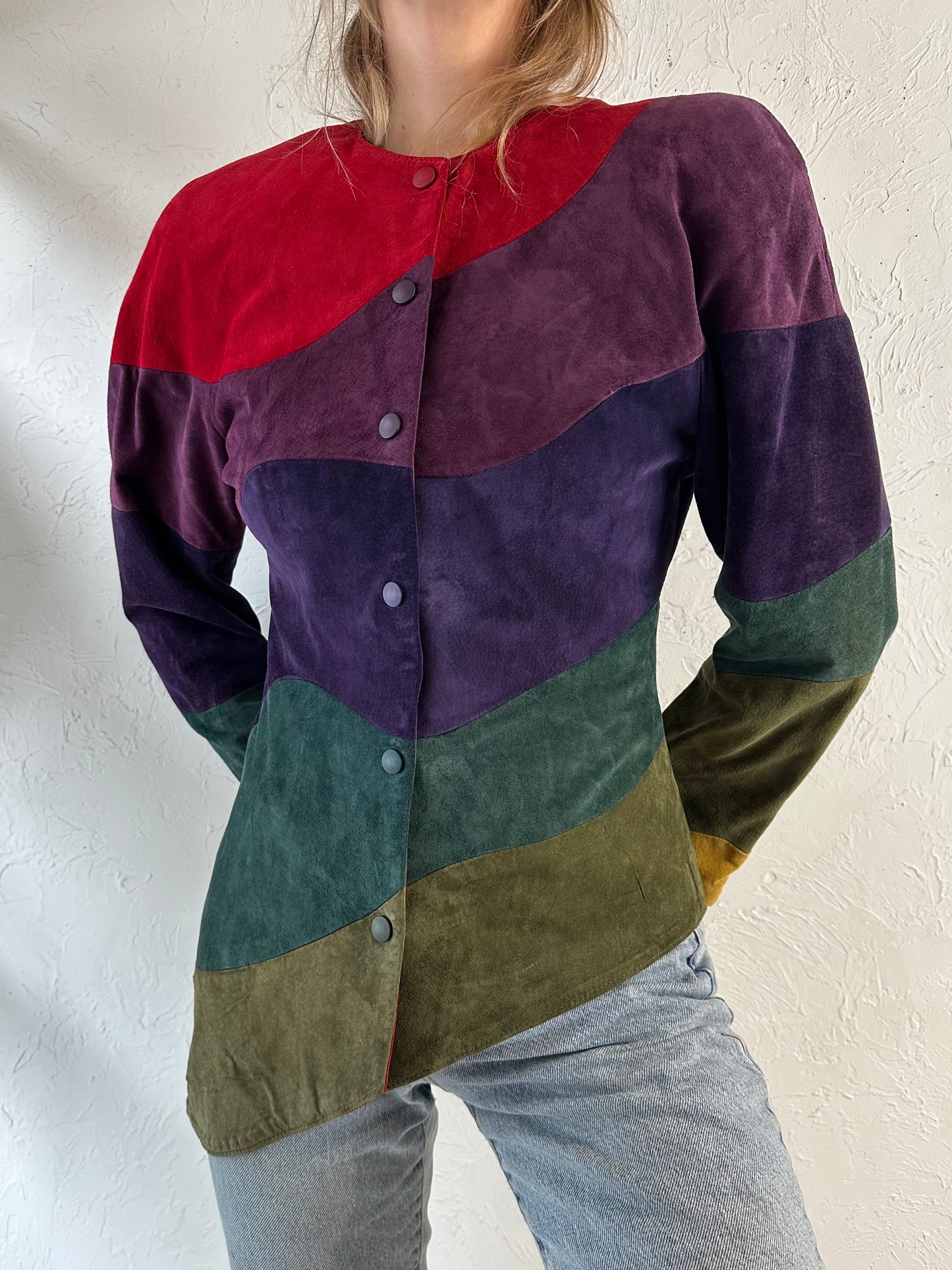 90s 'Danier' Red Purple Green Stripped Suede Blazer Jacket / Xsmall