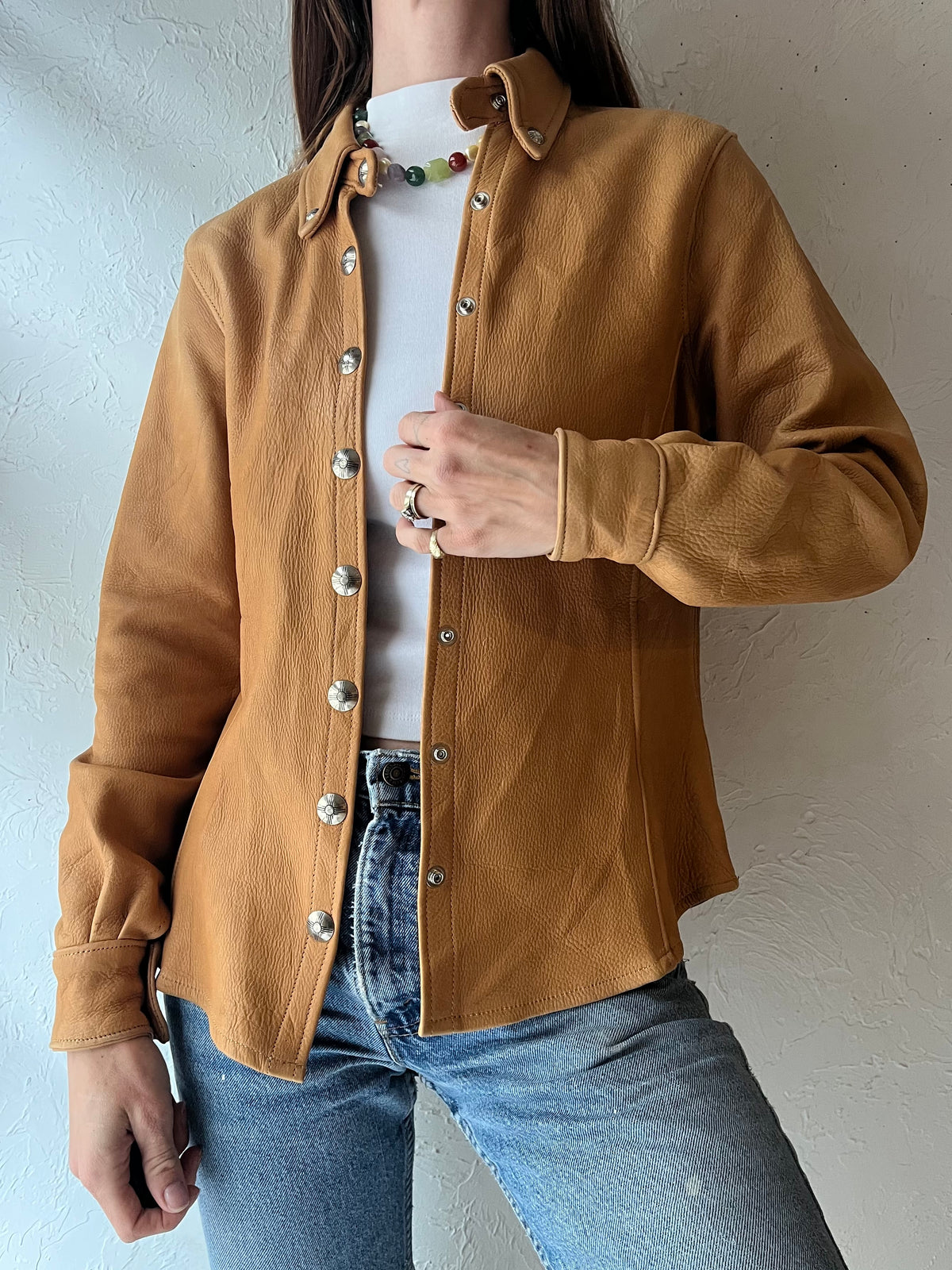 90s 'OT' Tan Leather Western Shirt Jacket Silver Snap Front  Minimalist Biker Ranch Wear / Small