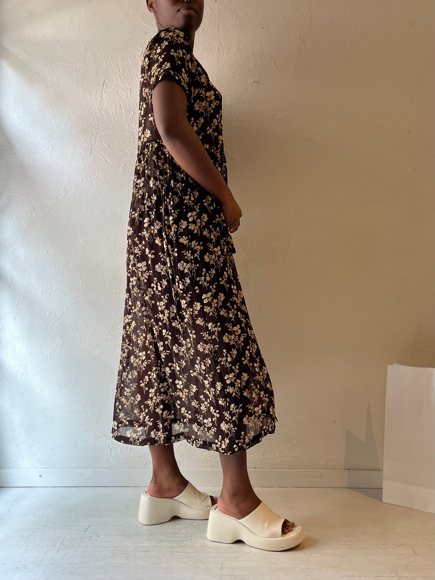 90s 'April Cornell' Brown Floral Print Rayon Midi Dress / Large