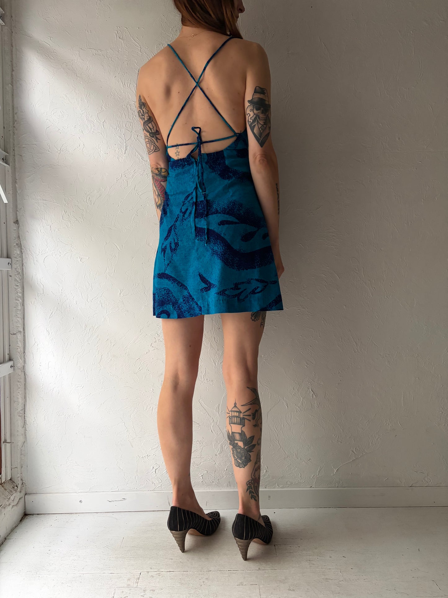 70s 'Fumis' Vintage Blue Halter Micro Mini Hippy Dress / Small