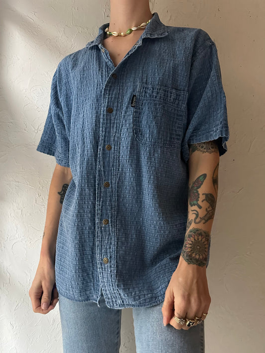 Y2k 'Ezzewear' Blue Snap Up Shirt / Medium