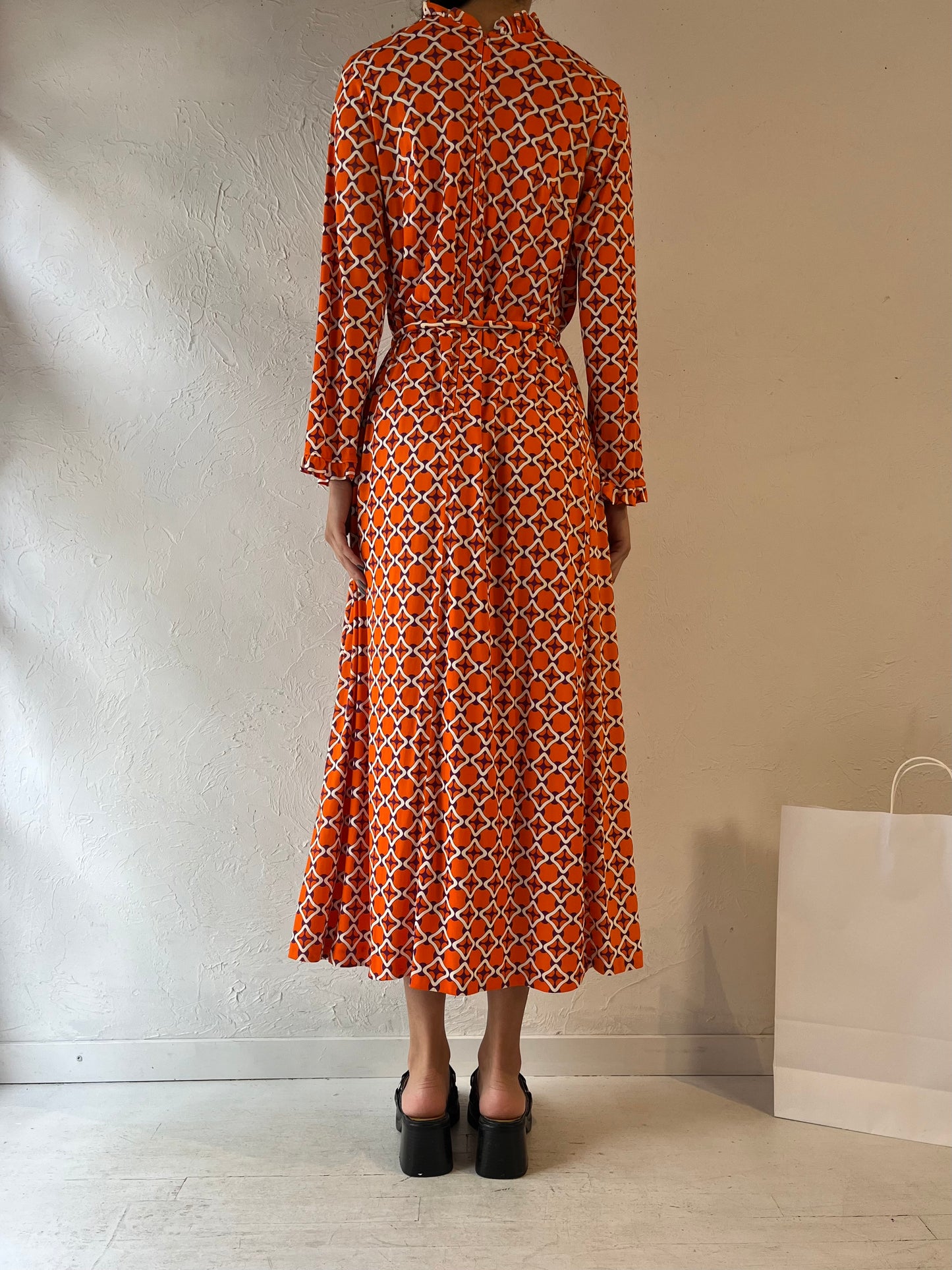 70s Orange Retro Patterned Kaftan Maxi Dress / Small