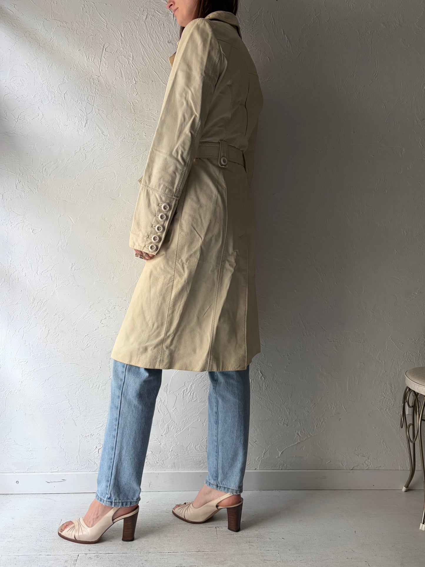 Y2k 'Danier' Cream Mod Leather Trench Coat / Vintage 2000s Minimalist Long Coat / XSmall