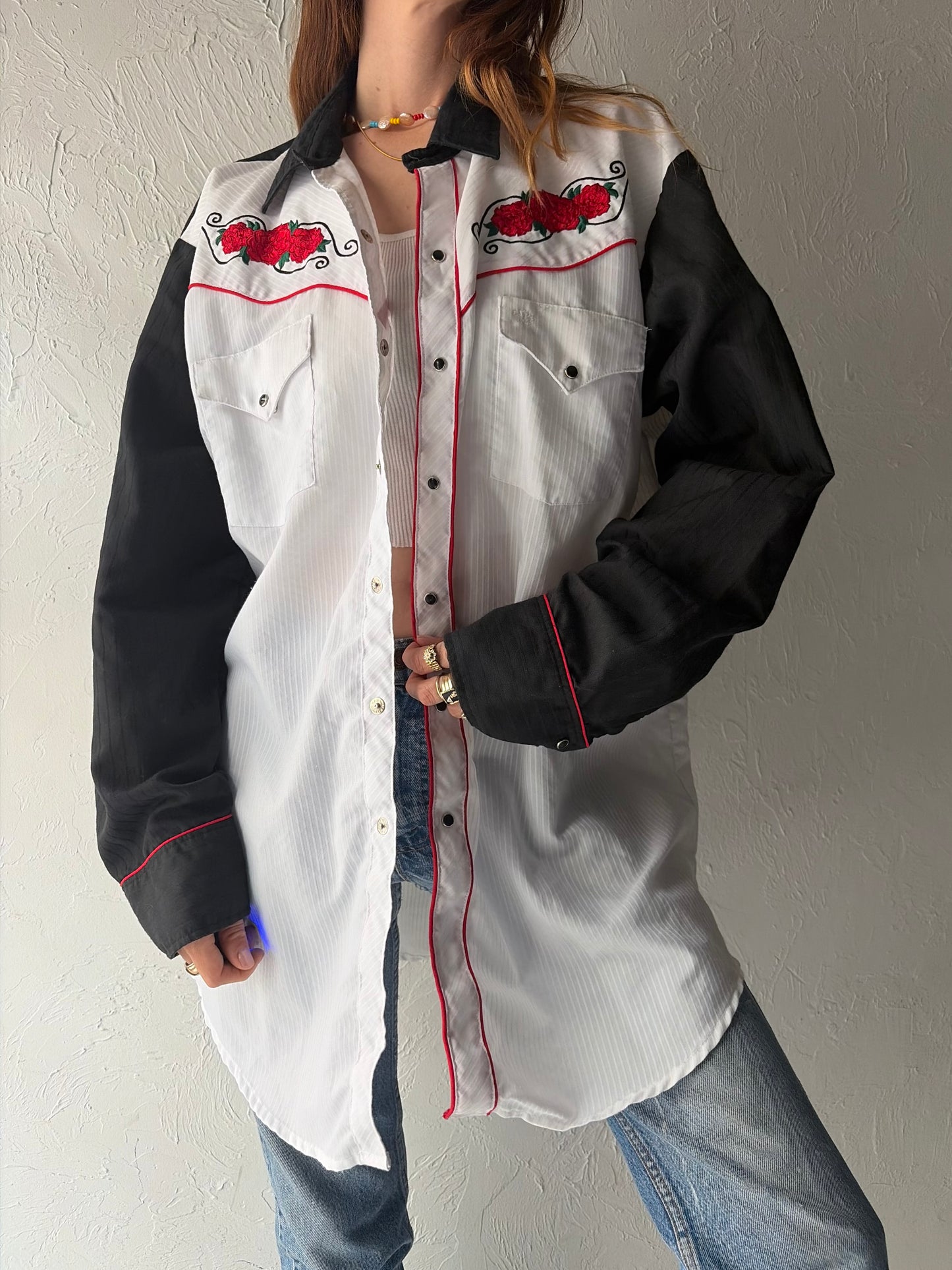 80s 'Mid-West Garments' Two Toned Embroidered Wester Cowboy Workwear Snap Up Shirt / XL