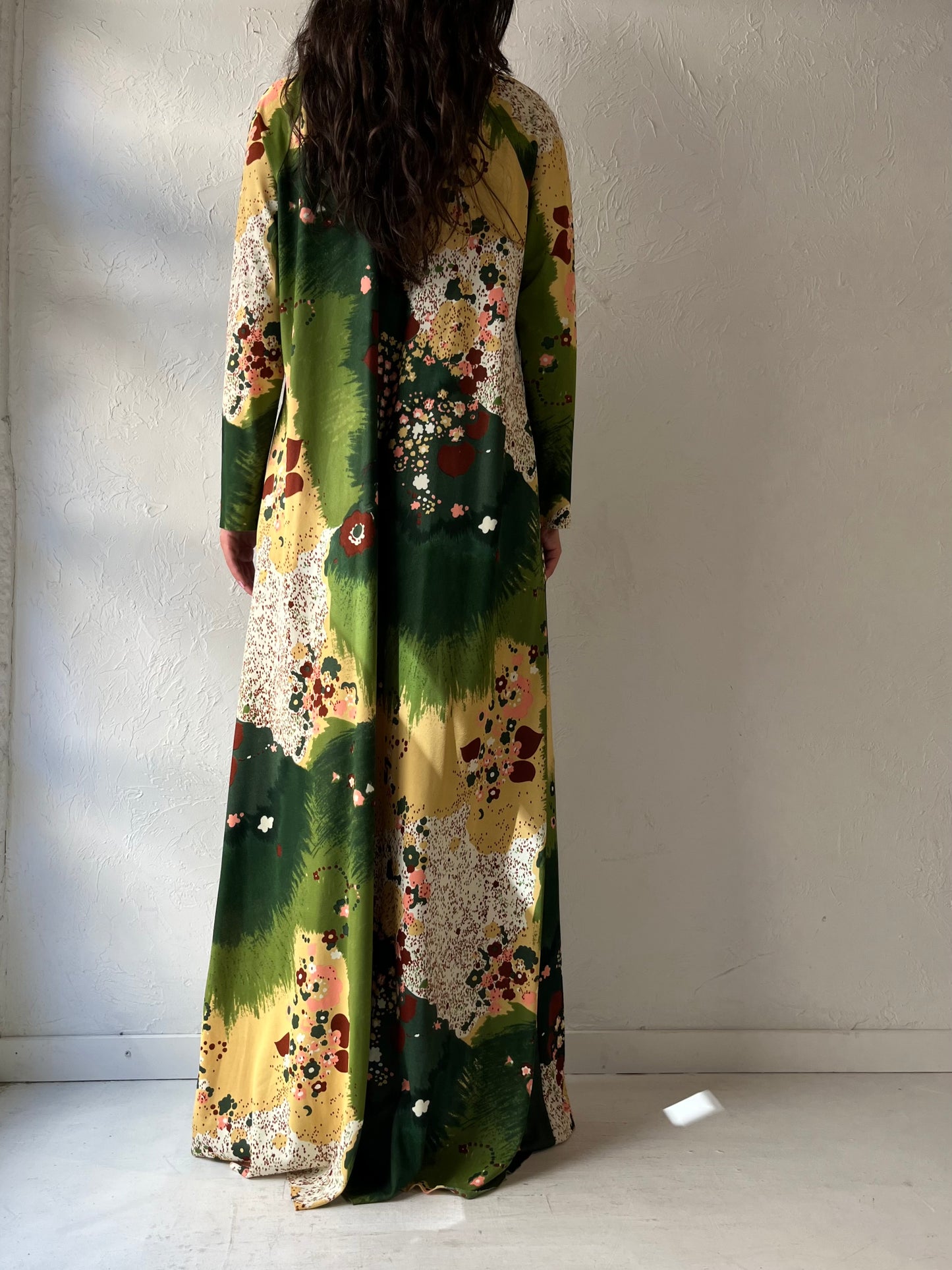 70s 'Conrad' Green Floral Print Mumu Kaftan Dress / Medium