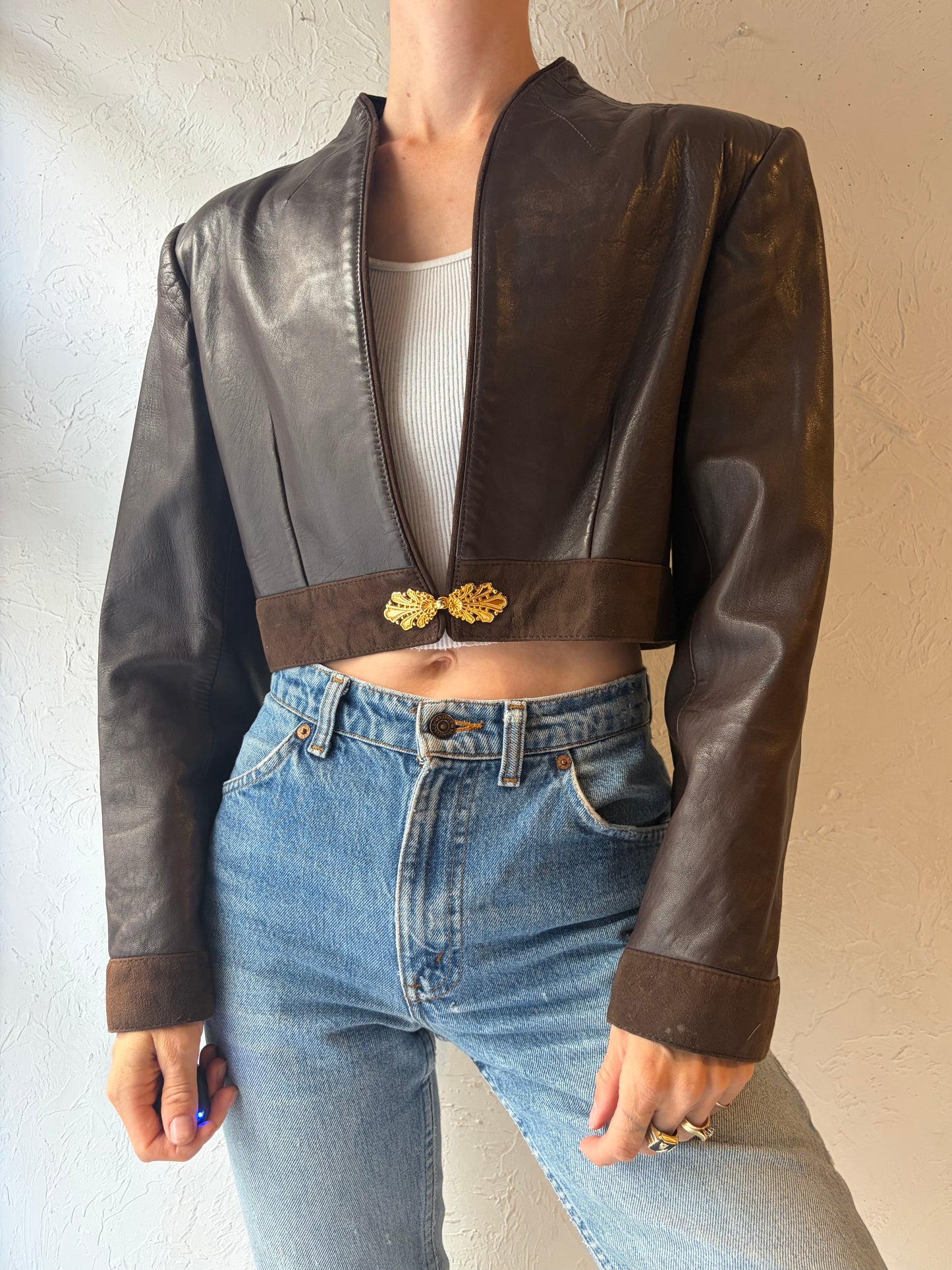 80s 'Bagatelle' Brown Cropped Leather Jacket / Medium