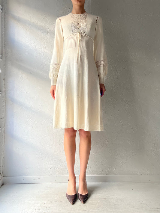 80s 'Wenjilli' White Knit Boho Hippie Long Sleeve Dress / Vintage 1980s Cottage Core Midi Dress / Small