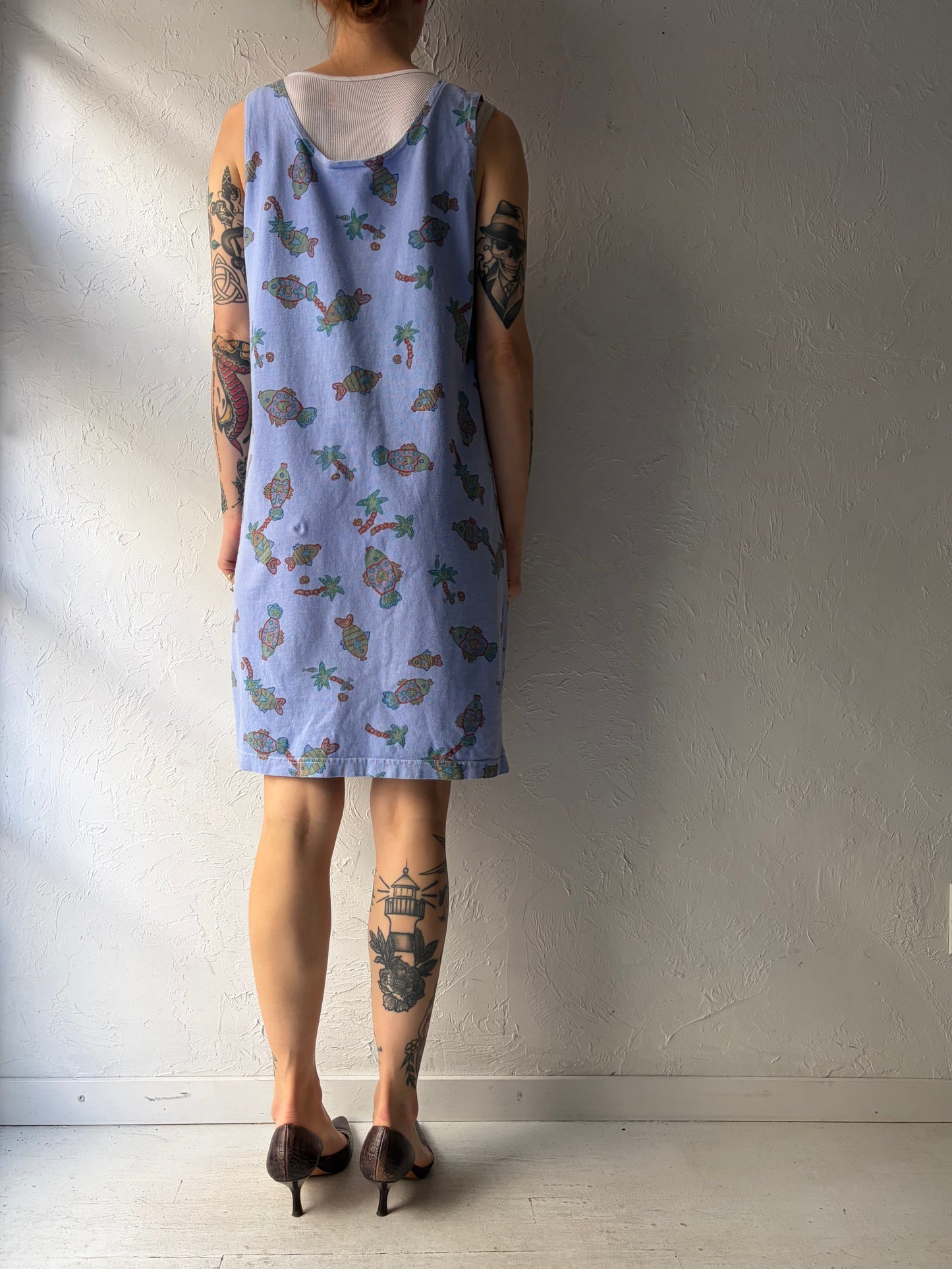 80s 'Fresh Produce' Purple Fish Print Summer Dress / Vintage 1980s Novelty Print Cotton Beach Dress / Medium