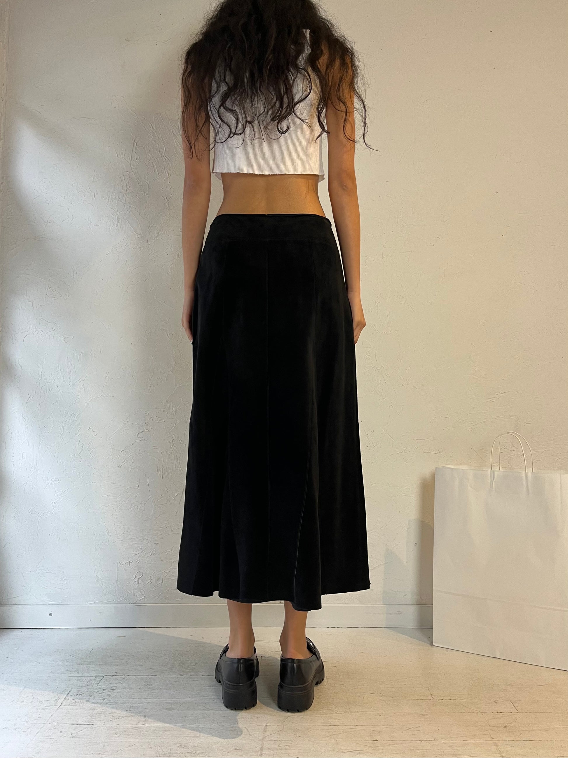 90s ‘Valerie Steven’s’ Black Suede Leather Midi Skirt / Small