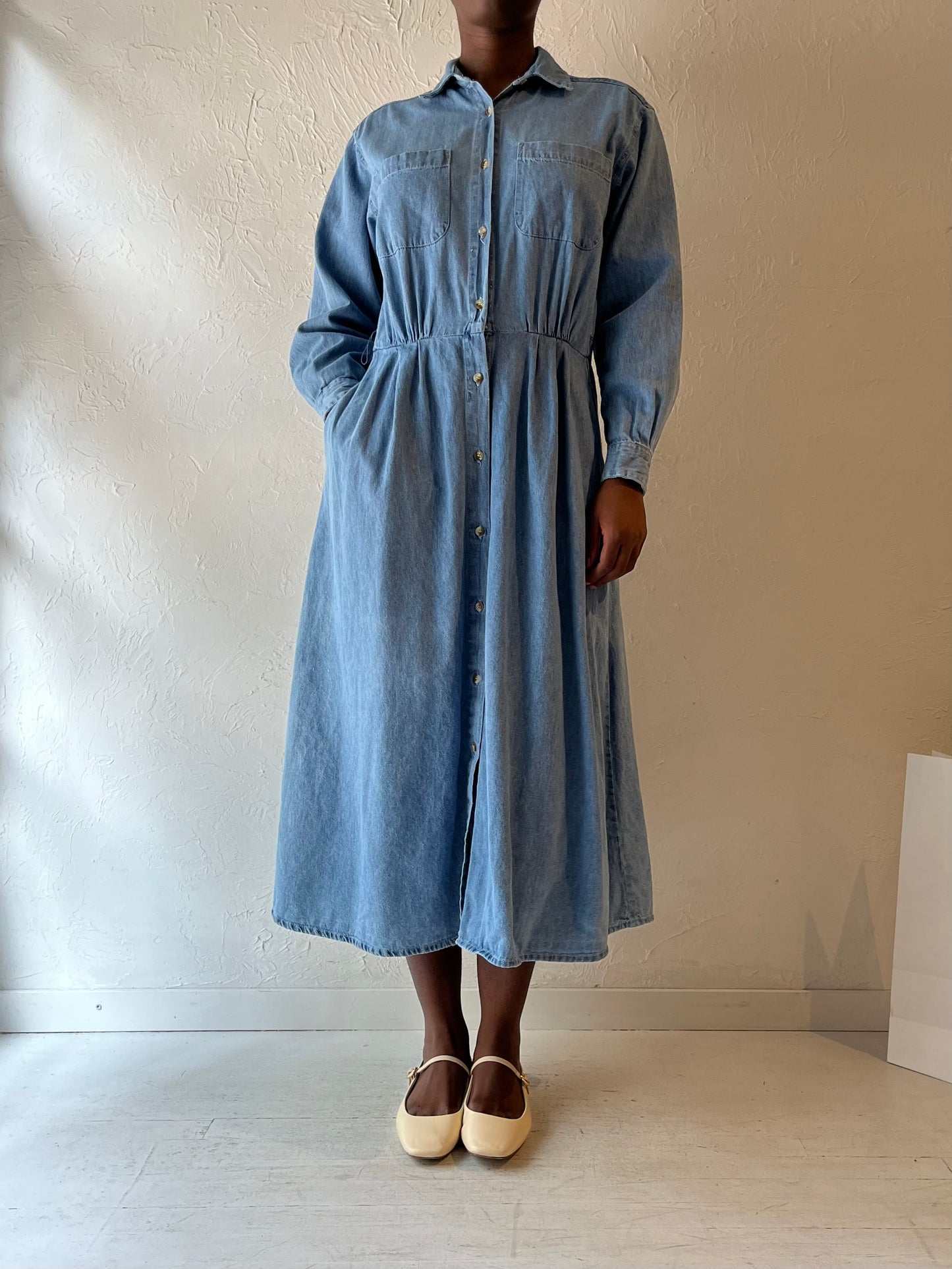 90s 'Daniel Caron' Long Sleeve Denim Dress / Medium