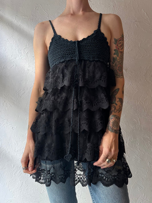 Y2k 'Angela' Black Tiered Lace Ruffle Top / Small