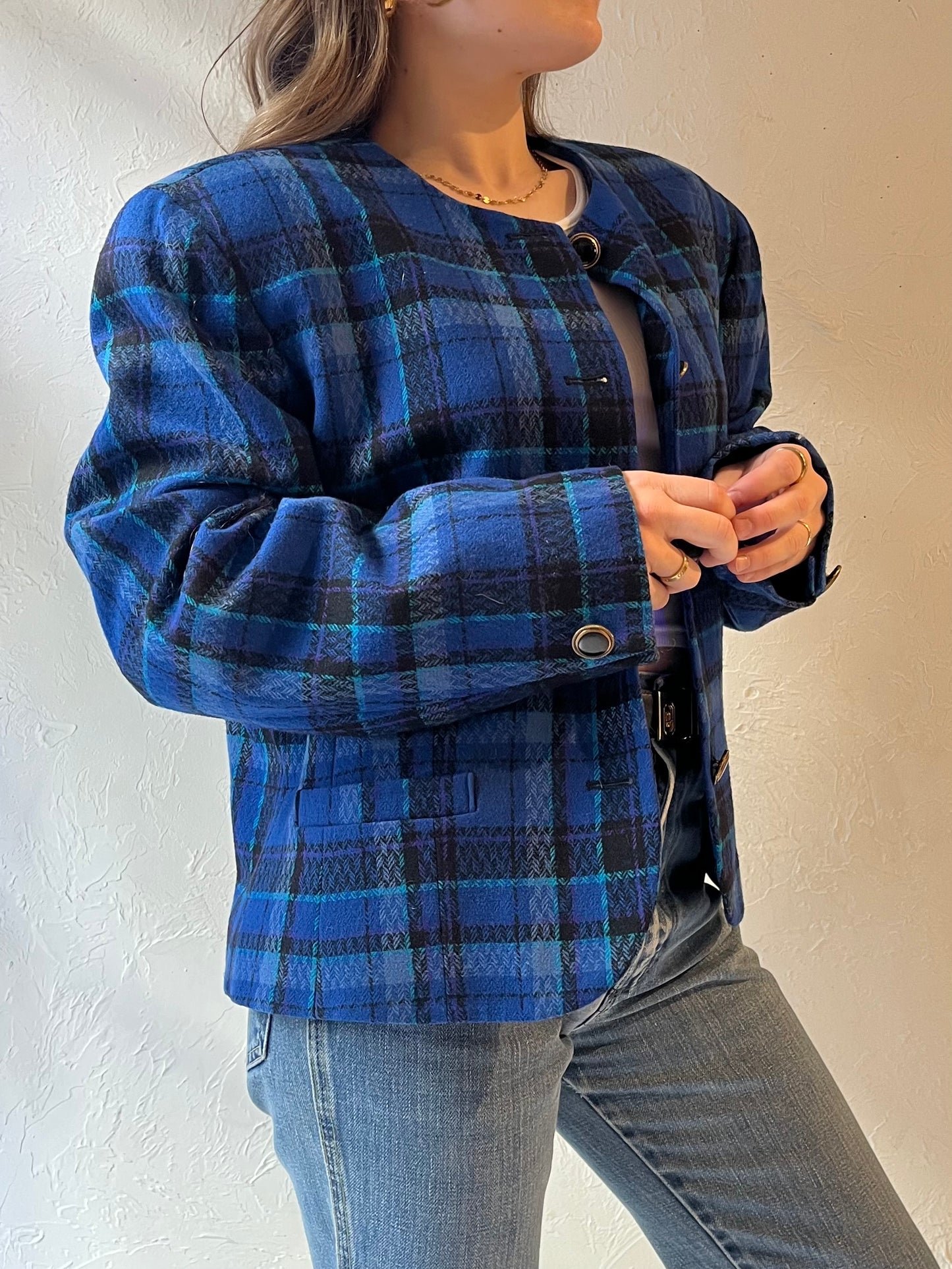 80s ‘Pendleton’ Blue Plaid Knit Wool Jacket / Large