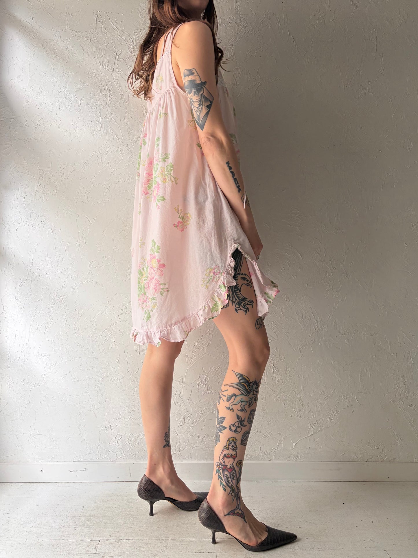 90s 'Erika Taylor' Pink Floral Print Cotton Mini Dress / Large
