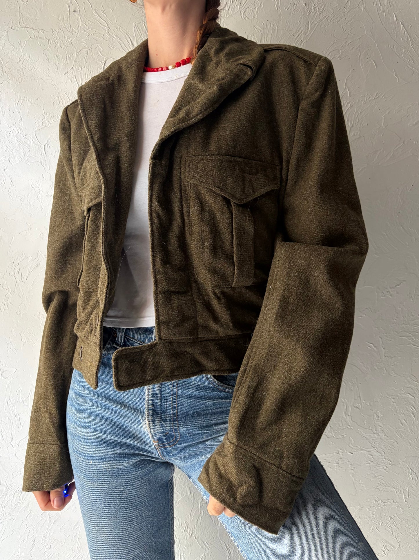50s Authentic Army Cropped Green Wool Jacket / Vintage 1950 Military Retro Utility Wool Jacket / Medium