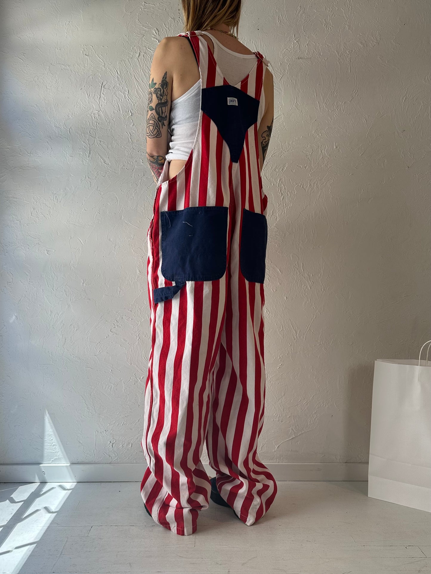 Y2k 'Liberty' Striped Denim Overalls / XL