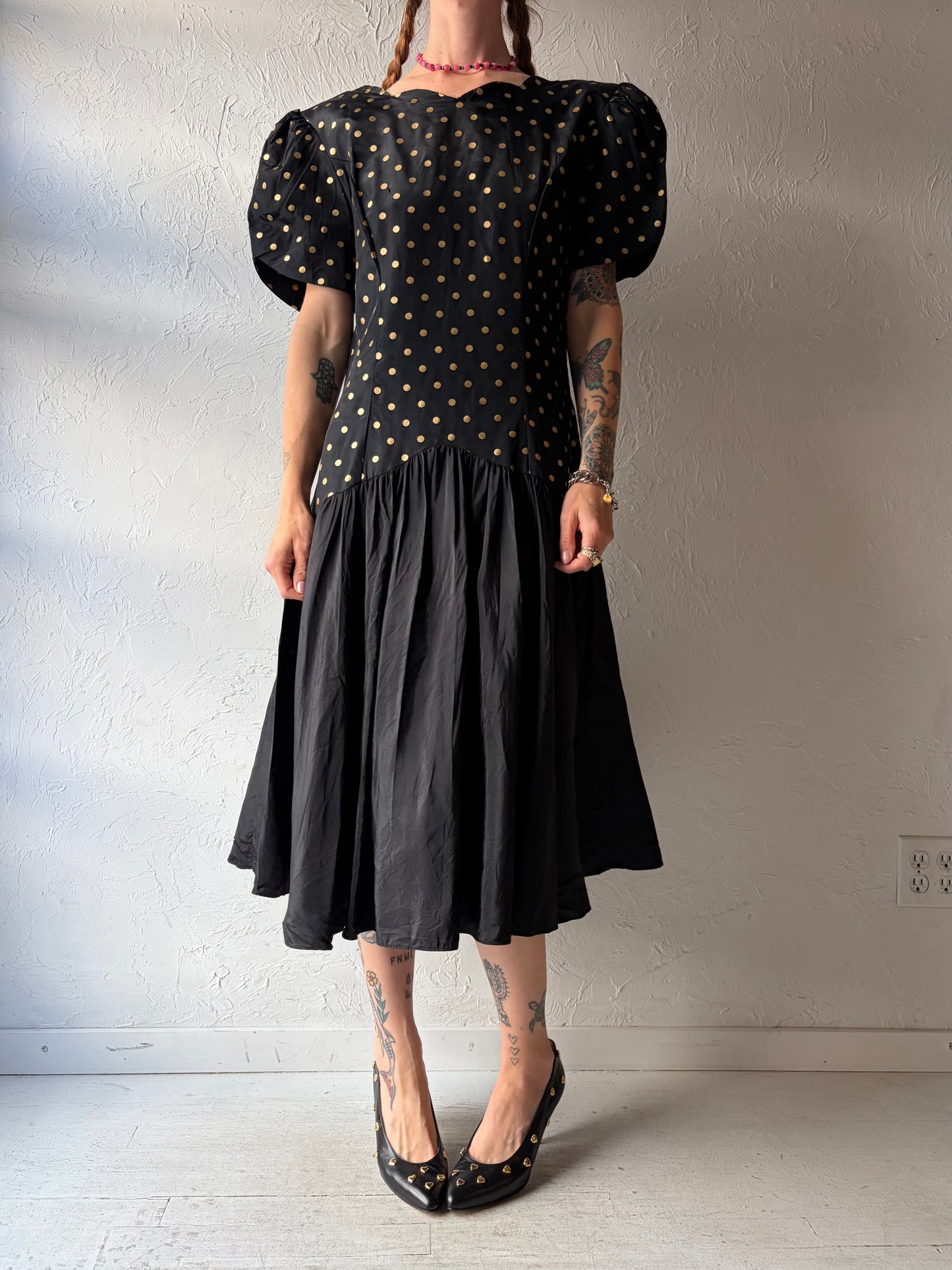 80s 'Miss Dorby' Black Polka Dot Party Dress / Large