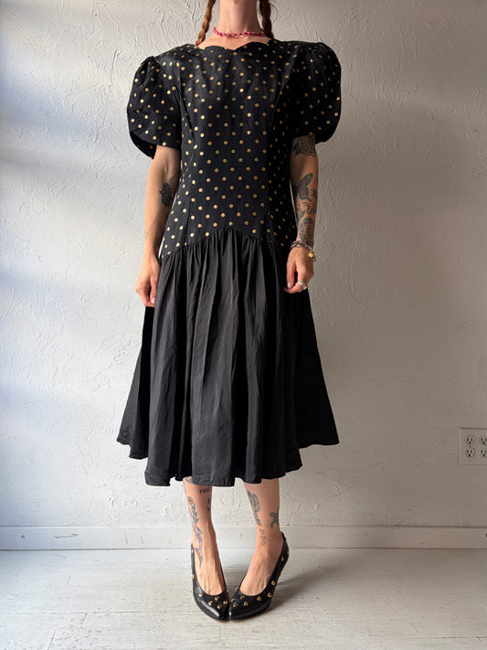 80s 'Miss Dorby' Black Polka Dot Party Dress / Large