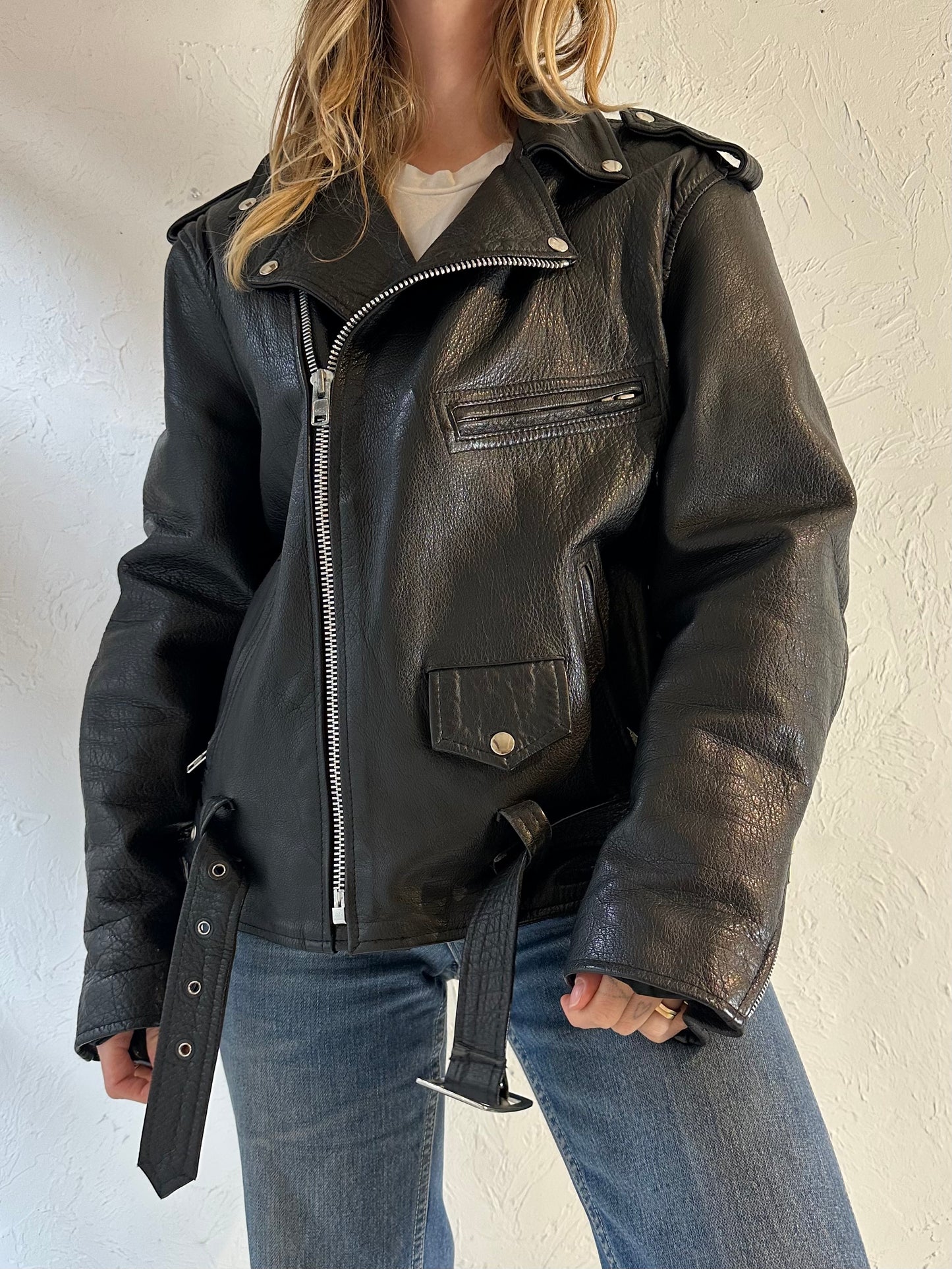 90s Black Heavy Duty Leather Moto Jacket / Large