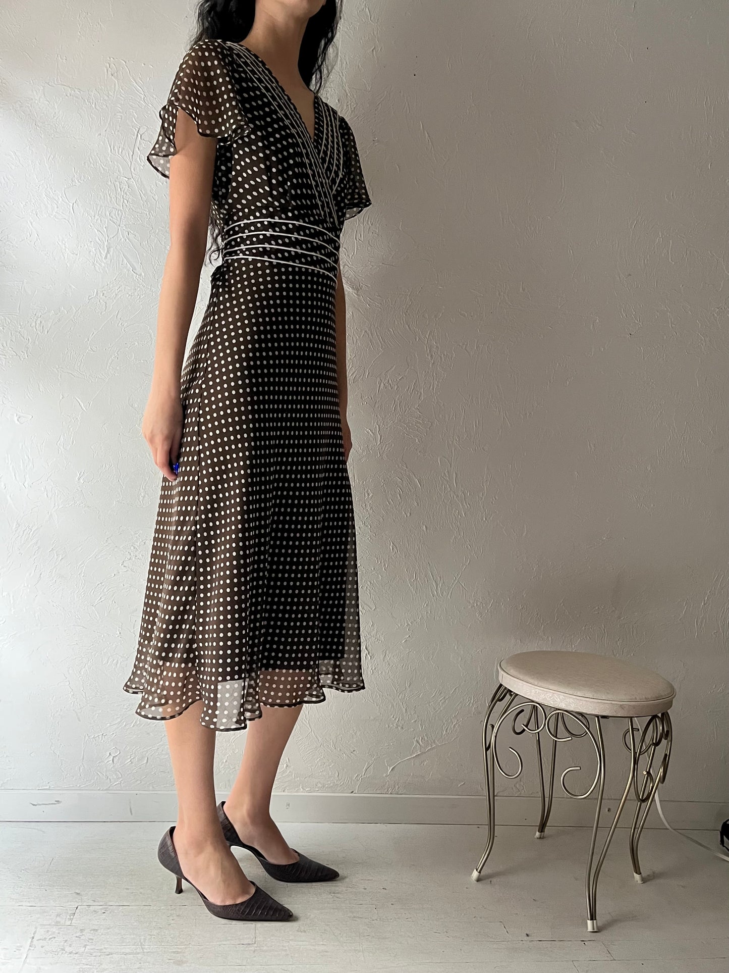 90s 'Karin Stevens' Brown Polka Dot Midi Dress / Medium