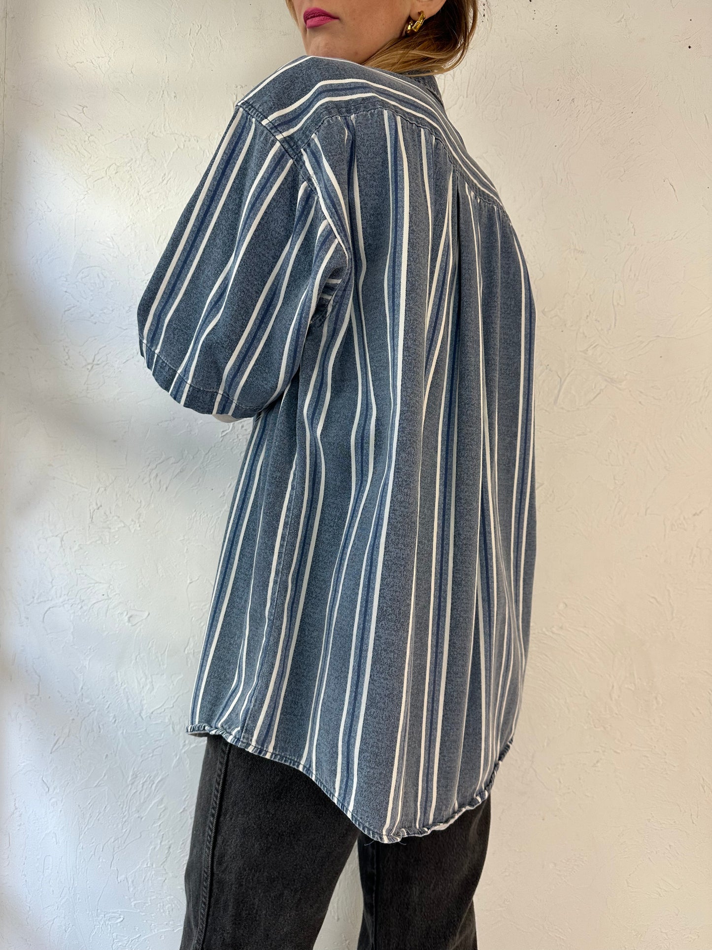 90s 'Faded Glory' Striped Short Sleeve Denim Shirt / Large