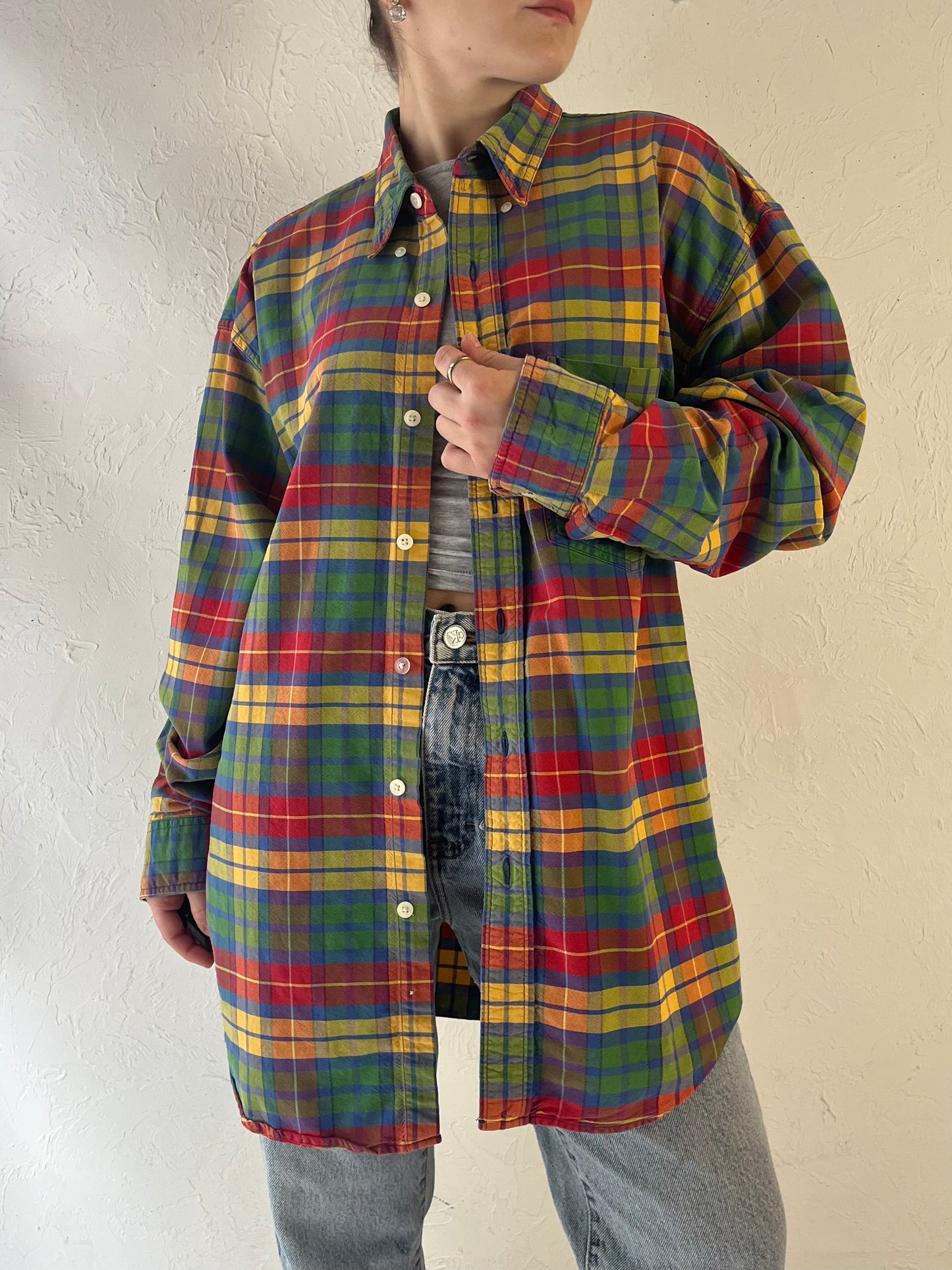 90s 'Gap' Cotton Plaid Button Up Shirt / Large