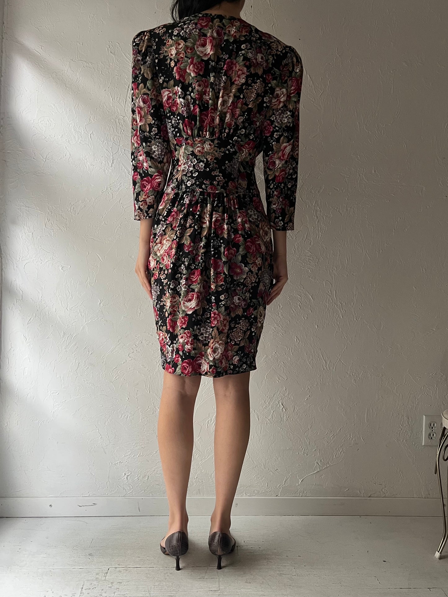80s 'Evita' Floral Long Sleeve Mini Dress / Medium