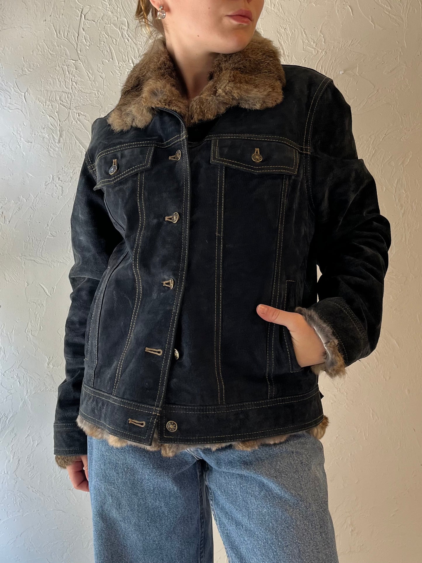 Y2k 'Wilsons Leather' Blue Suede Jacket with Rabbit Fur Trim / Medium