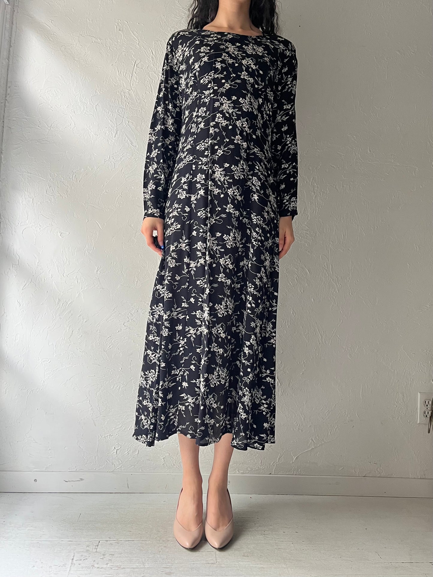 Vintage Black Floral Long Sleeve Rayon Maxi Dress / Medium - Large
