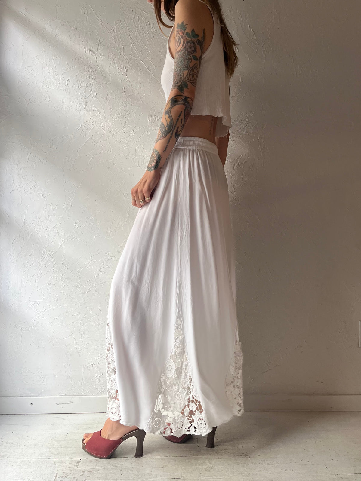 Vintage White Rayon Cottage Core Maxi Skirt / Large