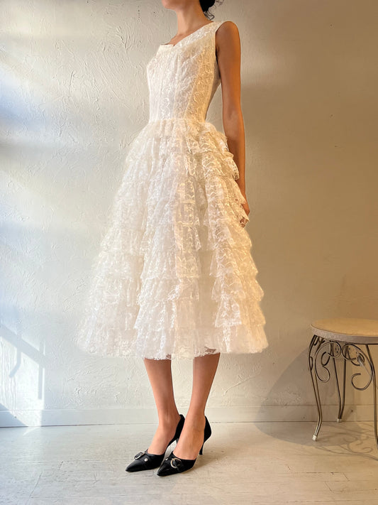 50s White Lace Ruffle Dress / Small
