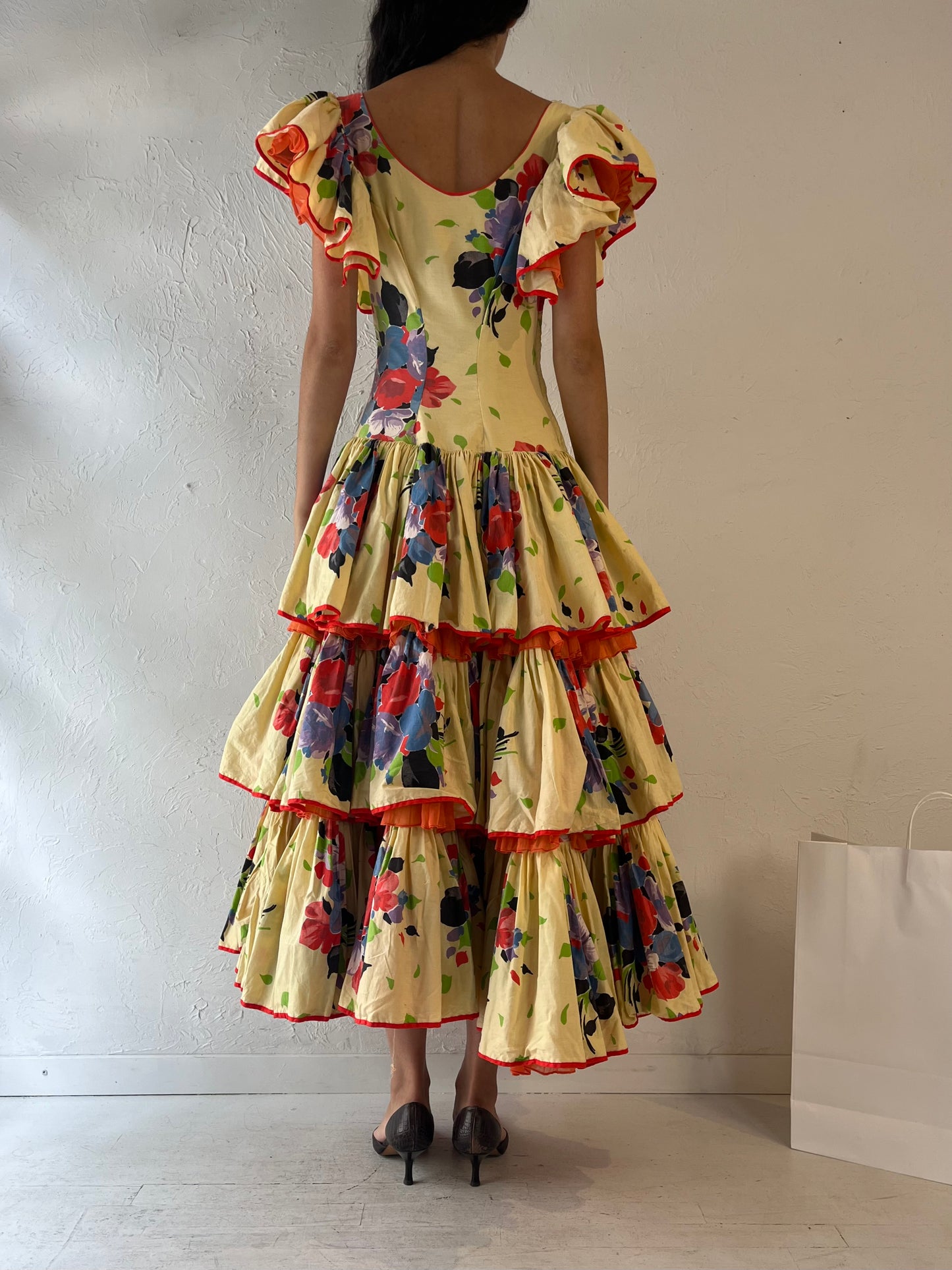 Vintage Handmade Yellow Floral Flamenco Dress / Small