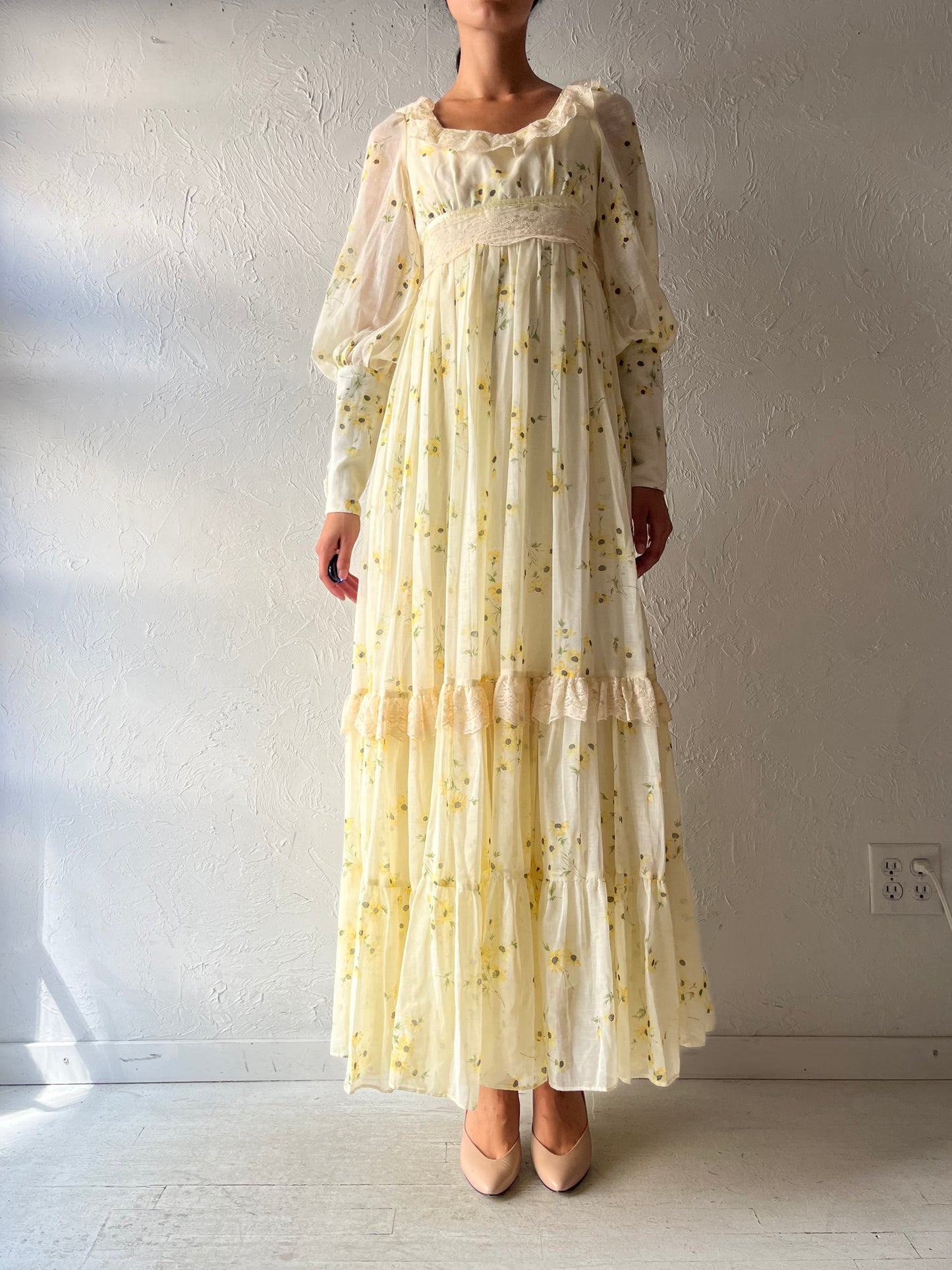 70s 'Shamash & Yofi Gunne Sax' Yellow Floral Long Sleeve Peasant Dress / Small