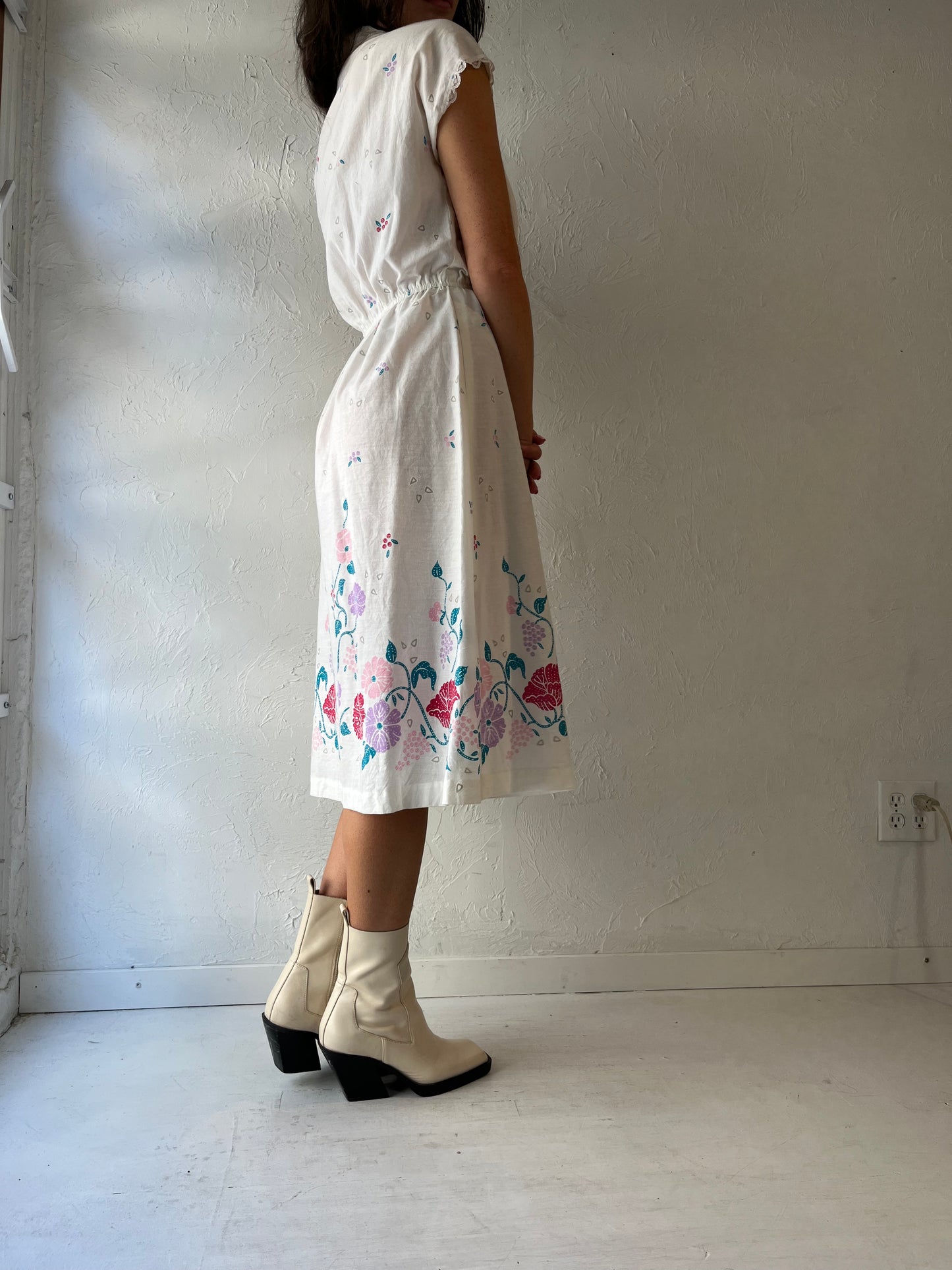 60s 'White' Floral Dress / Union Made / Small