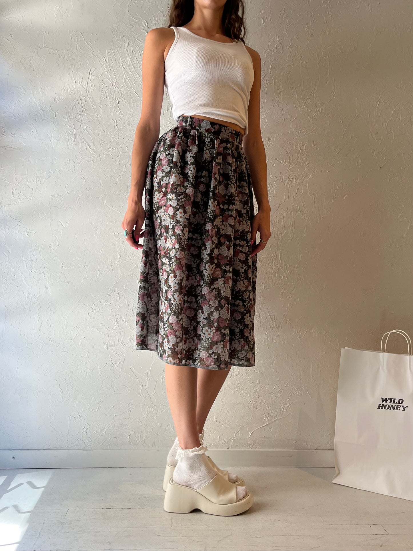 90s 'Billie Jo' Floral Print Midi Skirt / Small