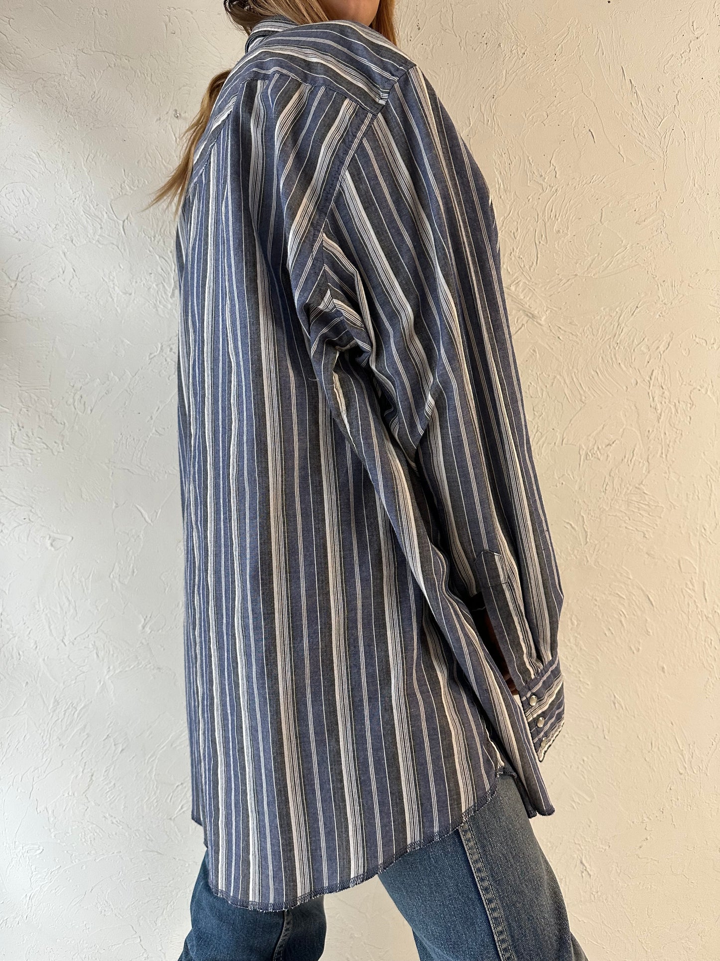 90s ‘Wrangler’ Striped Pearl Snap Shirt / XL