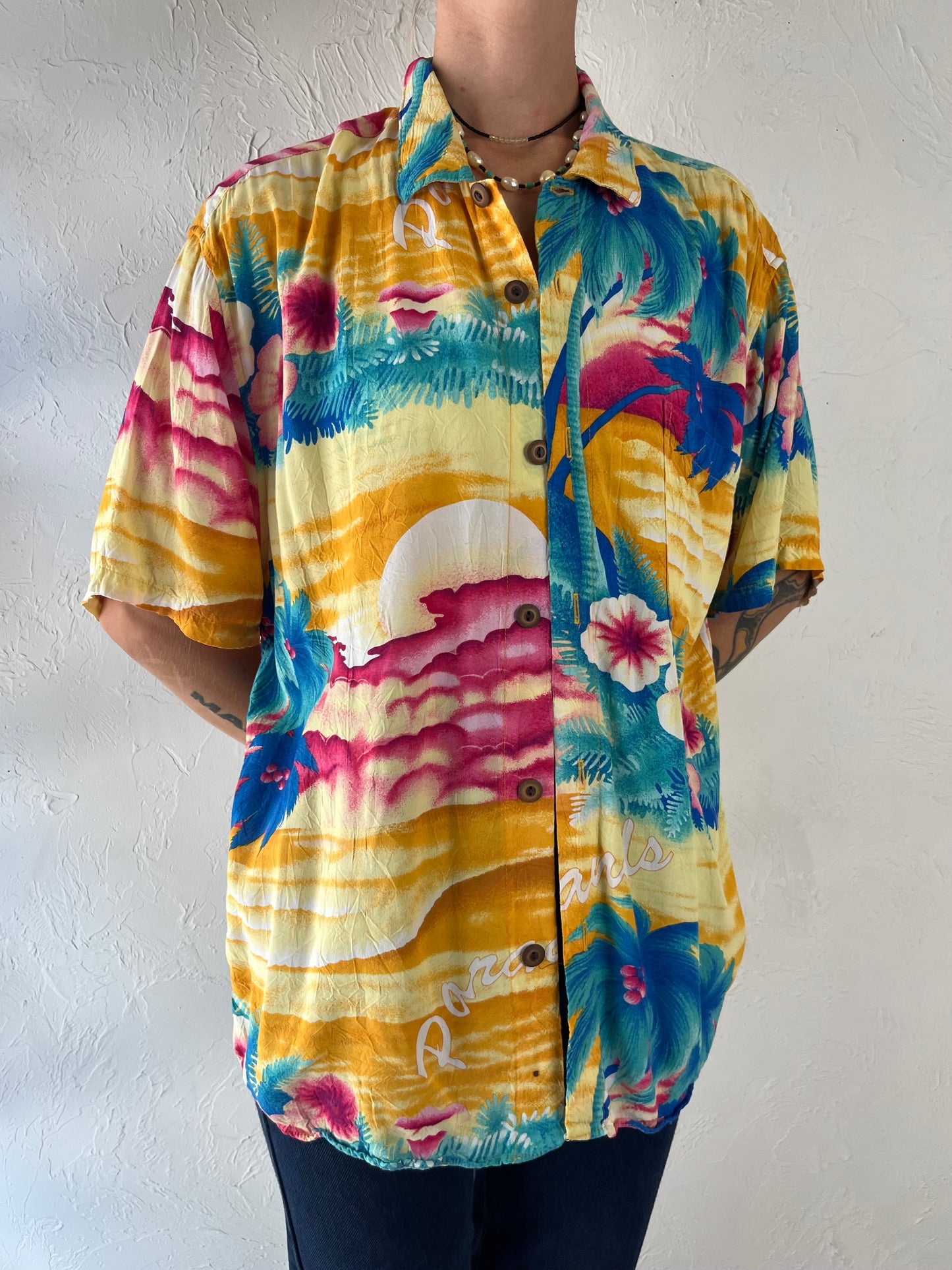 90s 'Jams World' Floral Hawaiian Rayon Shirt / Large