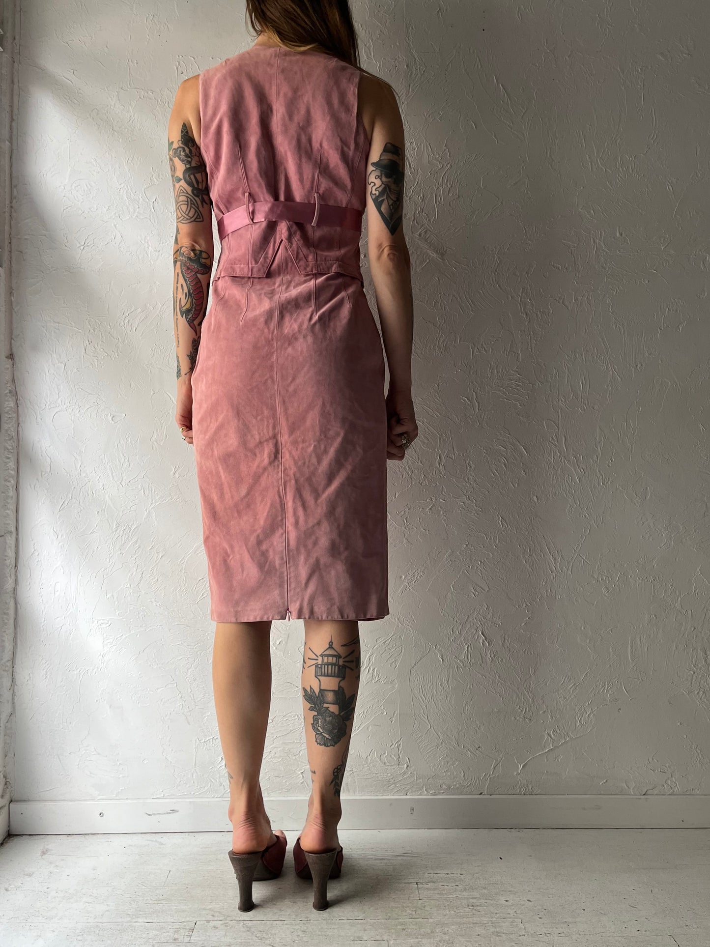 90s 'Danier' Pink Suede Fitted Sleeveless Fall Dress / Small