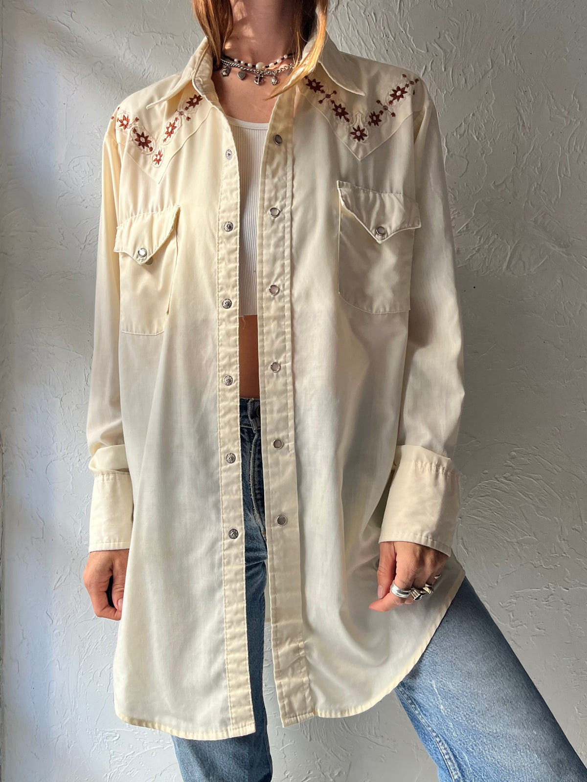 Y2k 'MWG' Cream Embroidered Western Cowboy Workwear Snap Up Shirt / Large