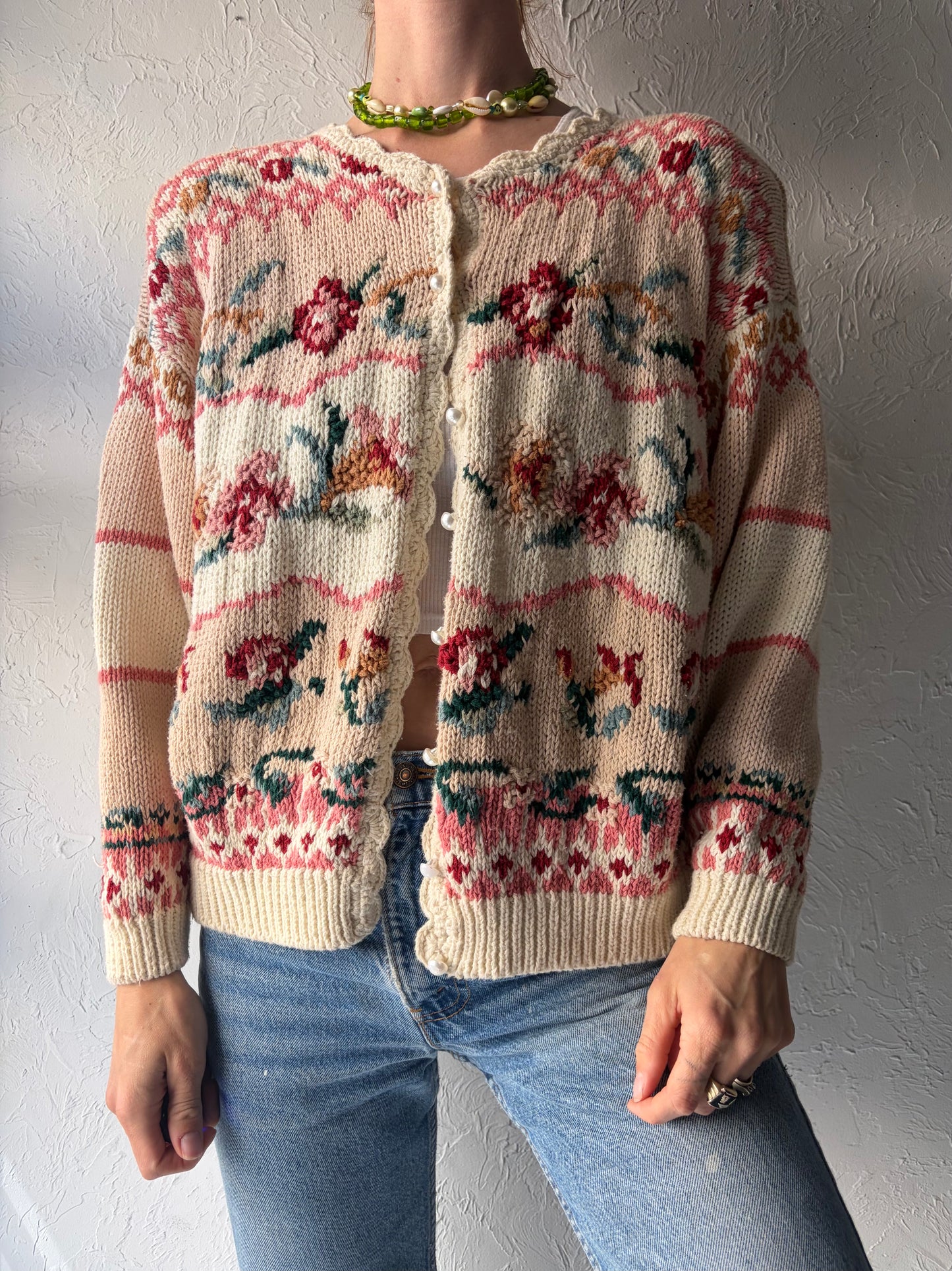 Vintage Cotton Knit Floral Cardigan Sweater / Large