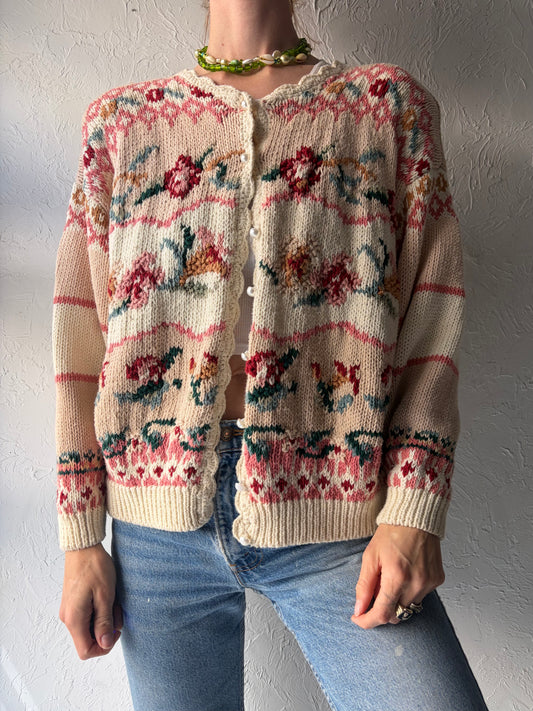 Vintage Cotton Knit Floral Cardigan Sweater / Large