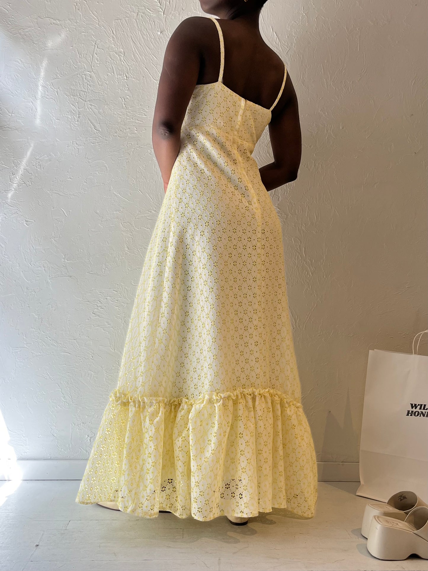 Vintage Handmade Yellow Eyelet Maxi Dress / Medium