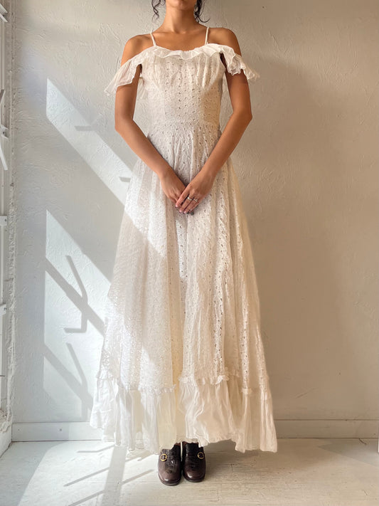 Vintage White Eyelet Wedding Dress / Small