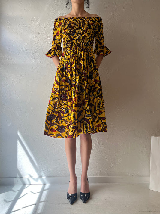 90s Yellow Abstract Smocked Dress / Small