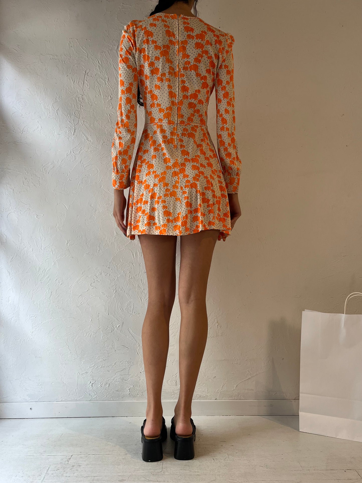 60s 'Bobbie Brooks' Orange Elephant Long Sleeve Mini Dress / Small